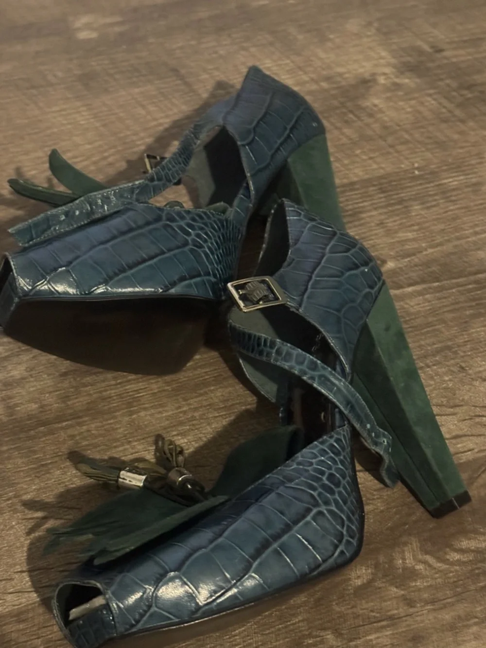 BCBGeneration Green Suede and Teal Croc-Embossed Tassel Platform Heels - Picture 4 of 5